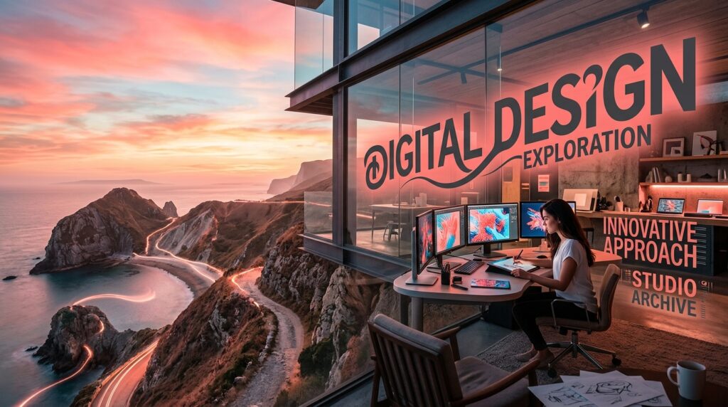With an emphasis on #525266 colour hex values, generate simplified photographic sci-fi landscapes with depth, geometric shapes, with surreal lighting effects, subtle experimental typography set to #FF6666 hex value, a dream aesthetic that reflects a studio's innovative approach to digital design.