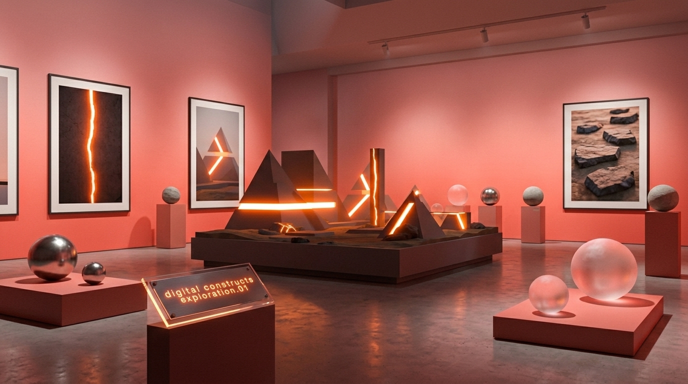 With an emphasis on #525266 colour hex values, generate simplified photographic sci-fi landscapes with depth, geometric shapes, with surreal lighting effects, subtle experimental typography set to #FF6666 hex value, a dream aesthetic that reflects a studio's innovative approach to digital design.