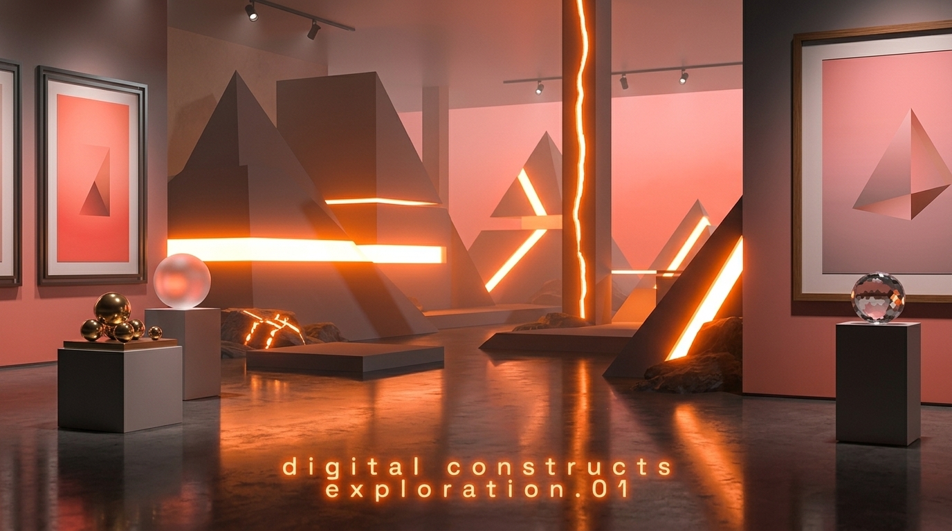 With an emphasis on #525266 colour hex values, generate simplified photographic sci-fi landscapes with depth, geometric shapes, with surreal lighting effects, subtle experimental typography set to #FF6666 hex value, a dream aesthetic that reflects a studio's innovative approach to digital design.
