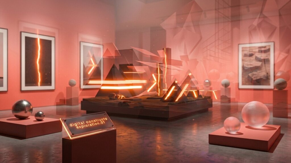 With an emphasis on #525266 colour hex values, generate simplified photographic sci-fi landscapes with depth, geometric shapes, with surreal lighting effects, subtle experimental typography set to #FF6666 hex value, a dream aesthetic that reflects a studio's innovative approach to digital design.