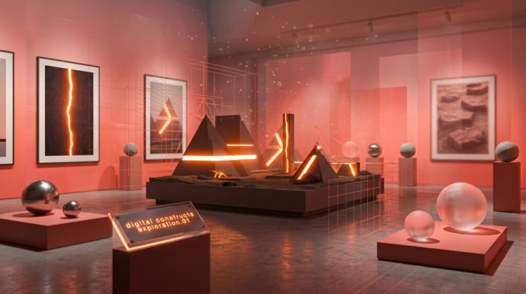 With an emphasis on #525266 colour hex values, generate simplified photographic sci-fi landscapes with depth, geometric shapes, with surreal lighting effects, subtle experimental typography set to #FF6666 hex value, a dream aesthetic that reflects a studio's innovative approach to digital design.