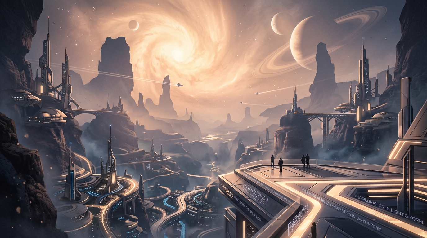 With an emphasis on #525266 colour hex values, generate simplified photographic sci-fi landscapes with depth, geometric shapes, with surreal lighting effects, subtle experimental typography set to #FF6666 hex value, a dream aesthetic that reflects a studio's innovative approach to digital design.