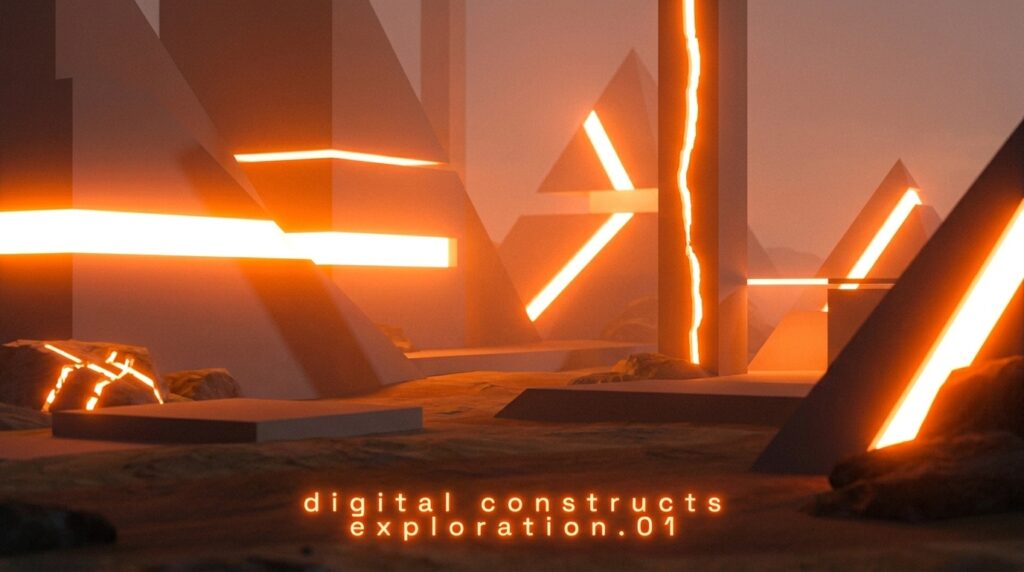 With an emphasis on #525266 colour hex values, generate simplified photographic sci-fi landscapes with depth, geometric shapes, with surreal lighting effects, subtle experimental typography set to #FF6666 hex value, a dream aesthetic that reflects a studio's innovative approach to digital design.